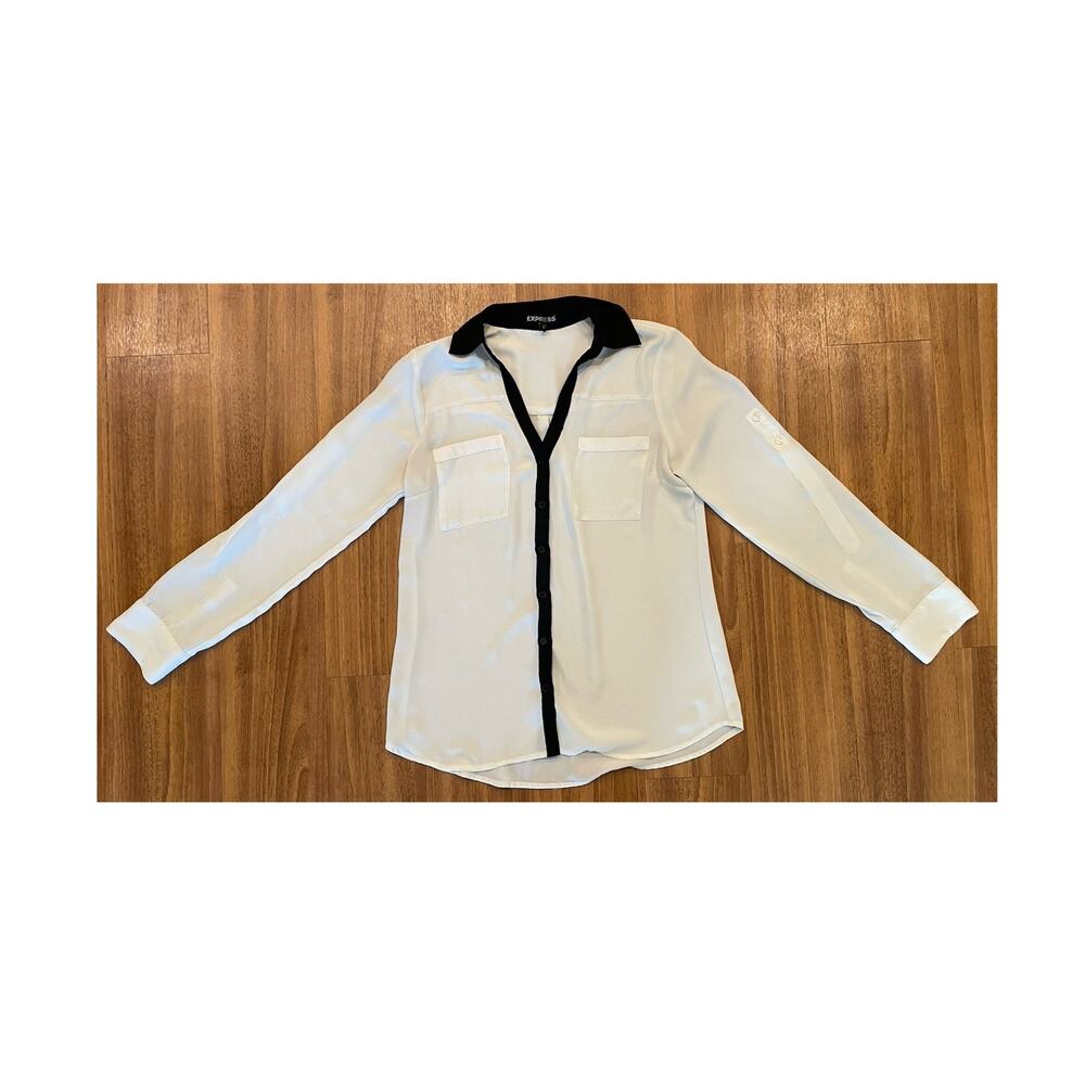 Express Women’s White Black V-Neck Button-Up Long Sleeve Blouse S P